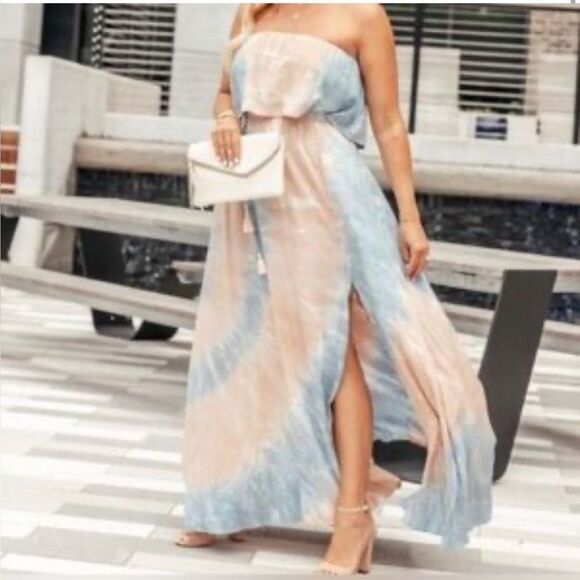 Aakaa Strapless pastel Pink & Blue Tie Dye Maxi Dress with Deep Slit, Small - Picture 2 of 4